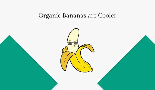1. photo of a cartoon banana with shades on to emphasize that organic bananas are cooler and have many benefits