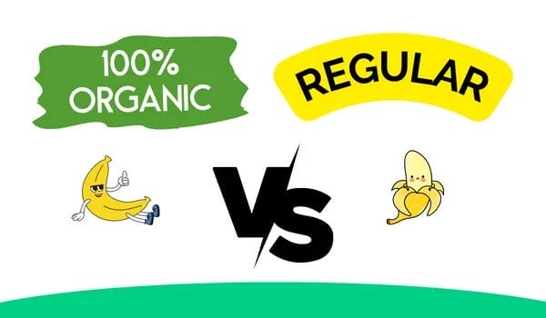 2. a photo displaying organic bananas vs regular bananas in a vs battle style